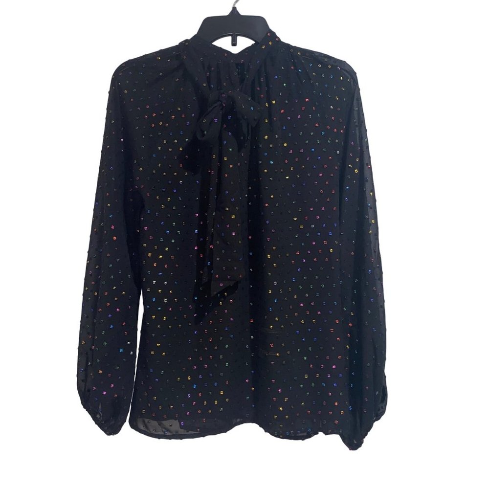 Trina Turk Cocktail Soiree Greyhound Tie-Neck Blouse Size Small Black Multicolor